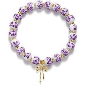 Purple Flower Handmade Stretch Dainty Bead Bow Charm Bracelet for Women